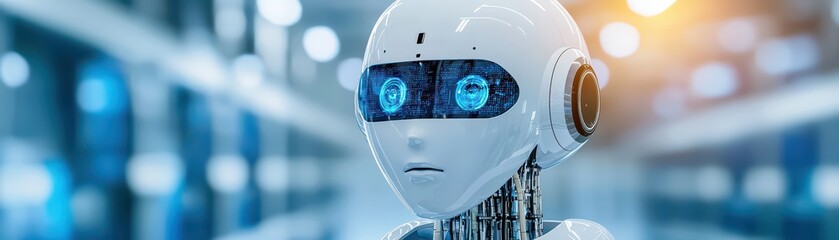 Robotic face with vibrant blue eyes, set against a high-tech background.