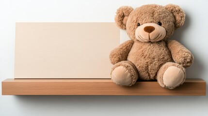 A teddy bear sits on a wooden shelf next to a small potted plant, creating a serene atmosphere in a beautifully designed newborn baby room