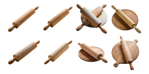 Traditional wooden rolling pins for baking, isolated on transparent background