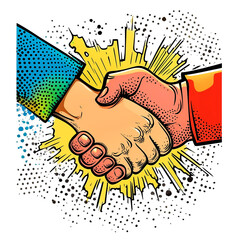 Colorful Handshake in Pop Art Style, Vibrant Illustration of Business and Partnership Concept, Cutout, Isolated on Transparent PNG/White Background.