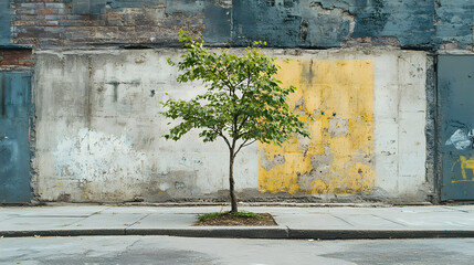 Young Tree Flourishing in Urban Environment Surrounded by Concrete and Buildings
