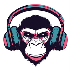 Logo with, a monkey with DJ headphones on white background