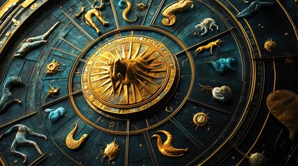 Celestial Clockwork: Zodiac Wheel with Gold and Blue
