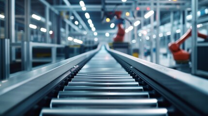 A conveyor belt transporting goods in a manufacturing plant, industrial setting with robotic arms, Futuristic style