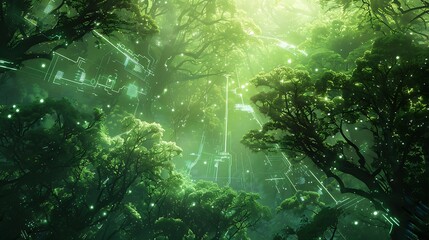 Fototapeta premium A mystical forest scene illuminated by green light, featuring ethereal structures amidst lush foliage.