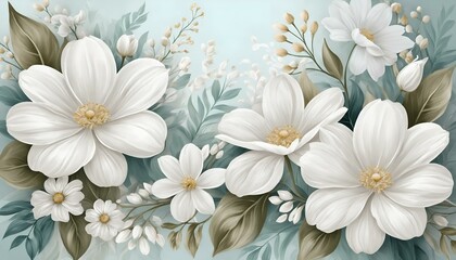 Elegant white flower arrangement with soft leaves on a light blue background