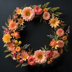 Obraz premium Vibrant floral wreath composed of pink and orange flowers against a dark background