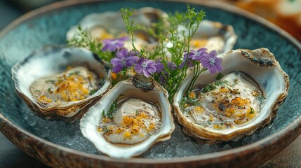 This image showcases fresh oysters served on a plate, garnished with herbs and accompanied by a drizzle of sauce, capturing a gourmet culinary experience.