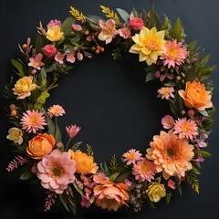 Obraz premium Floral wreath with vibrant orange and pink flowers and lush green leaves on a dark background 