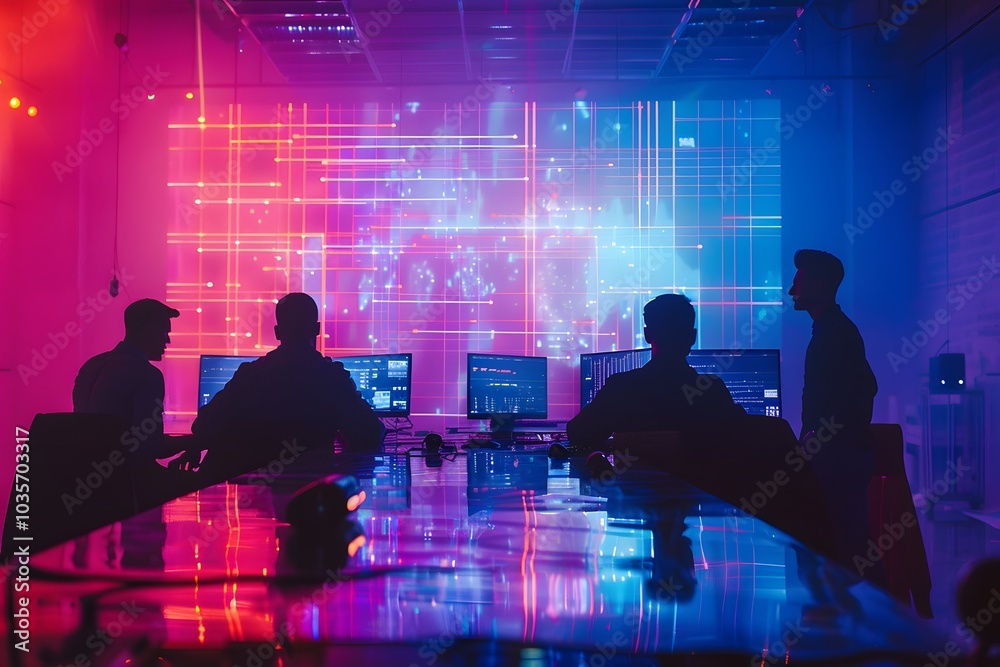 Fototapete Creative Team Collaborating in a High-Tech Environment with Colorful Visuals