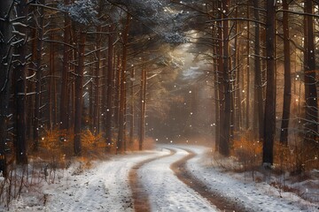Serene Winter Pathway Through a Snowy Forest