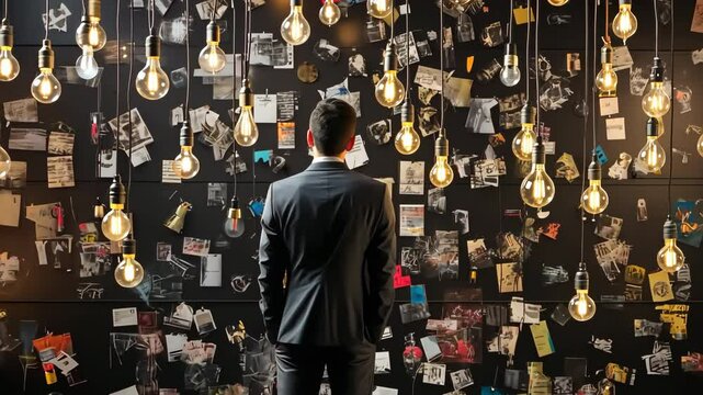 Businessman looking for inspiration on black wall with hanging light bulbs
