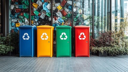A recycling bin in front of an office building, promoting workplace environmental responsibility.