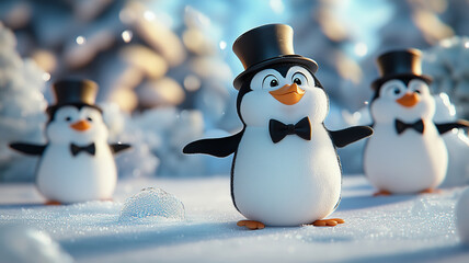 Obraz premium Charming penguins in top hats celebrating winter fun