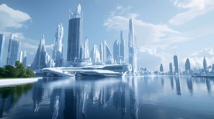 Futuristic city-building simulation with floating platforms and sleek towering skyscrapers
