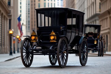 Vintage black horse-drawn carriage parked on a cobblestone street with buildings in the background.