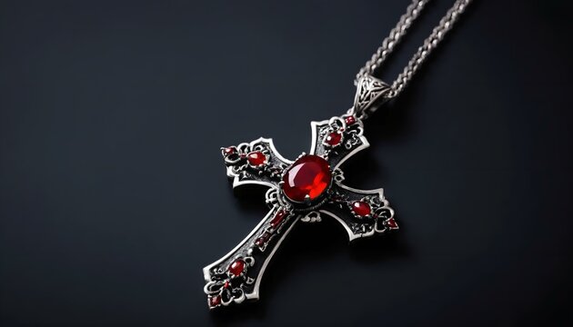 Gothic silver cross necklace with red gemstone on dark background
