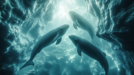 Fototapeta premium Majestic beluga whales swimming in serene underwater cave