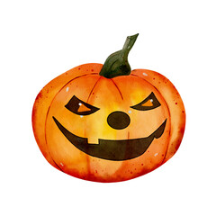 Fun orange realistic style Halloween pumpkin with a face drawn in watercolor on a white isolated background
