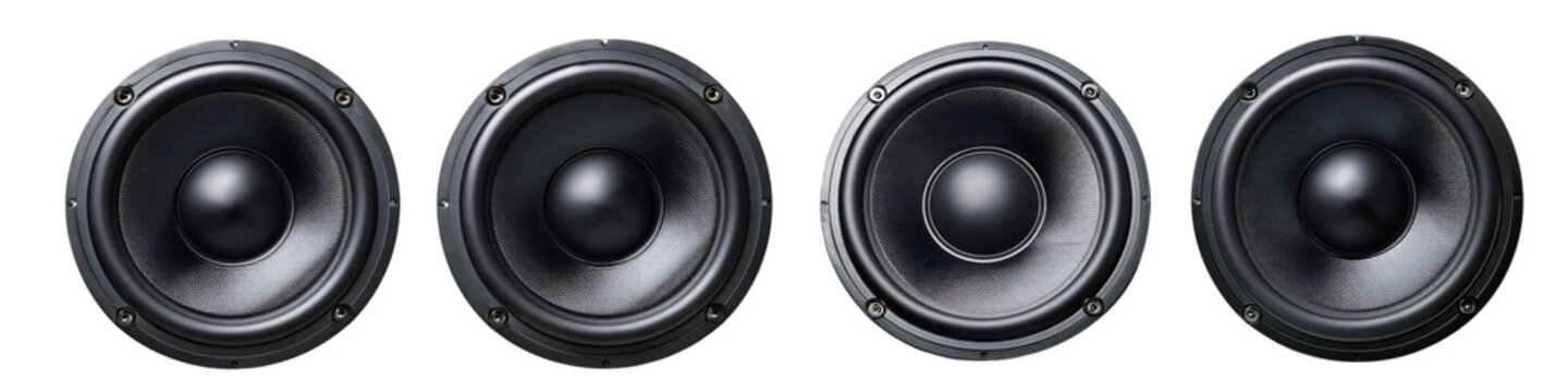 Black loudspeaker with circular cone and sleek design isolated on transparent background
