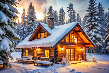 Fototapeta premium Cozy winter cabin with snow outside.