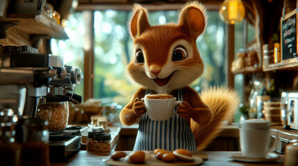 Cheerful squirrel barista serving coffee in a cozy café