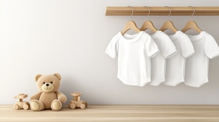 The baby’s room showcases a large teddy bear beside wooden toys, with baby onesies neatly hanging on a shelf, creating a warm and inviting atmosphere