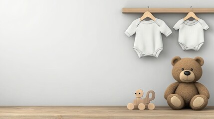 The baby’s room showcases a large teddy bear beside wooden toys, with baby onesies neatly hanging on a shelf, creating a warm and inviting atmosphere