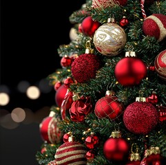 Close-up of festive Christmas tree adorned with red and gold ornaments against a dark background.