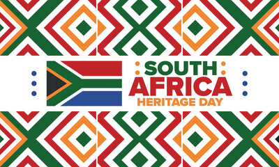 Obraz premium South Africa Heritage Day. Happy holiday. Celebrate culture and traditions of nation. South African flag. Poster with illustration. Pattern design. Vector