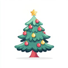 Obraz premium Colorful cartoon Christmas tree with ornaments and a star on top, isolated on a white background.
