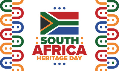 Obraz premium South Africa Heritage Day. Happy holiday. Celebrate culture and traditions of nation. South African flag. Poster with illustration. Pattern design. Vector