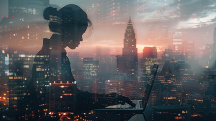 Silhouette of a Woman Working on Laptop with Cityscape Background