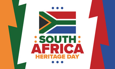 South Africa Heritage Day. Happy holiday. Celebrate culture and traditions of nation. South African flag. Poster with illustration. Pattern design. Vector