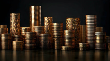 Elegant Arrangement of Multiple Towers of Gold Coins Displayed on a Smooth Surface