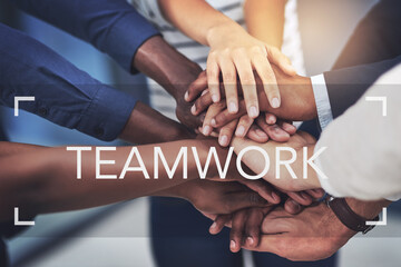 Hands, stack and teamwork with business people in office together behind text for unity. Collaboration, huddle and success with corporate team in professional workplace for celebration or solidarity