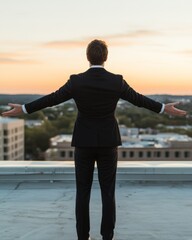 Fototapeta premium Confident businessman standing on rooftop with arms outstretched against sunset, symbolizing freedom and success.