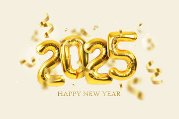 Happy New Year 2025 helium balloons with confetti on a beige background. New Year and Christmas...