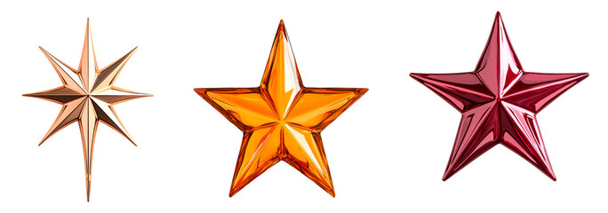 Obraz premium Three decorative stars in different colors isolate on transparent background, cutout, png