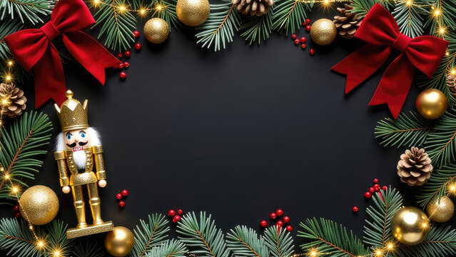 Flat lay Christmas banner with space for text on black background with gold toy Nutcracker and garlands. Frame of fir branches, red balls and bows, confetti and atmospheric lights