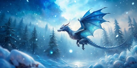 Fototapeta premium Enchanting Magic Dragon in a Snowy Blue Landscape - Captivating Fantasy Scene for Stock Photos