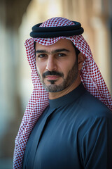 Portrait of a Qatari man in traditional thobe and ghutra, Qatar