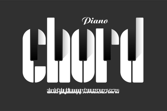 Piano chord. Piano keys style font design, alphabet letters and numbers vector illustration