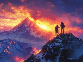 Fototapeta premium reaching for the summit, a man extends his hand to help a friend climb a rocky mountain, with a breathtaking sunrise illuminating their path, symbolizing camaraderie and support