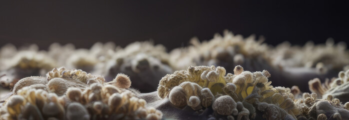 Bacteria macro view, cocci cells, grape-like clusters, biological background. Concept of infection detection, food poisoning, antibiotic resistant infections, hygiene, epidemiology medical research