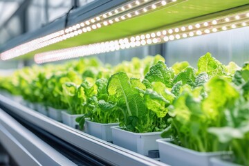 Green lettuce thriving under LED lights in a modern hydroponic greenhouse.