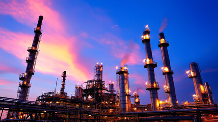 Obraz premium Industrial landscape at sunset showcasing refinery with tall smokestacks and vibrant sky colors. scene reflects advancements in energy production and technology