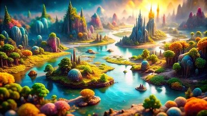 Fototapeta premium Enigmatic Alien World: Surreal Ecosystem of Crystalline Structures and Liquid Light Rivers - Tilt-Shift Photography