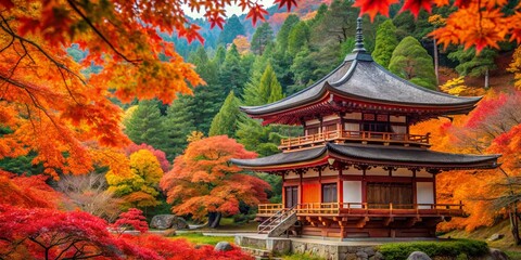Obraz premium Enrian Temple Surrounded by Vibrant Maple Trees in Sagano, Kyoto, Japan - Captivating Autumn Landscape Photography
