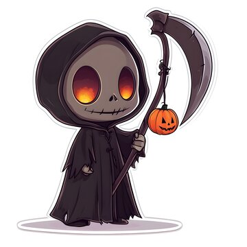 recommend clip art: Cute Grim Reaper Cartoon Character Holding Scythe with Pumpkin Halloween Illustration
